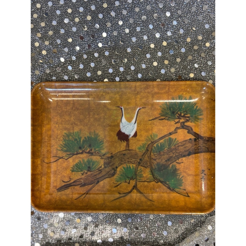 Vintage RDS Import Japanese Crane Lotus‎ Melamine Trinket Trays Set of 2 Brown